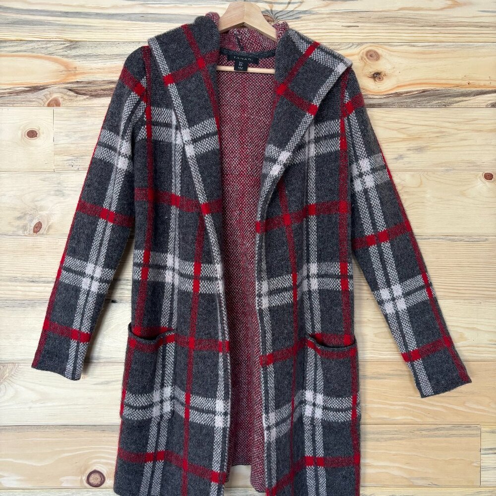 NWT Tahari Open Front Thick Chunky Knit Plaid Hooded Hoodie Cardigan Sweater